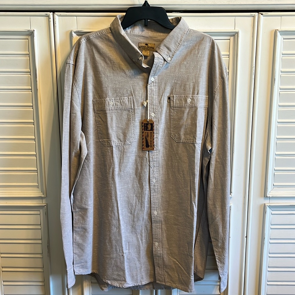NWT Buffalo Jackson Men’s Light Gray Twill Button Down Shirt XXL - Picture 1 of 6